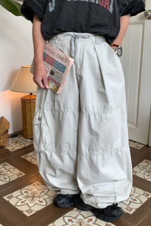 Unisex High Street Vintage Work Pants with Drawstring, Multi-Pocket, Loose Fit Wide-Leg Design - Retro Style for Men and Women