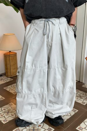 Unisex High Street Vintage Work Pants with Drawstring, Multi-Pocket, Loose Fit Wide-Leg Design - Retro Style for Men and Women