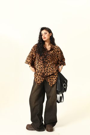 Unisex Leopard Print Shirt - Retro American Street Style, Loose Fit Summer Top, Trendy Casual Wear for Men and Women