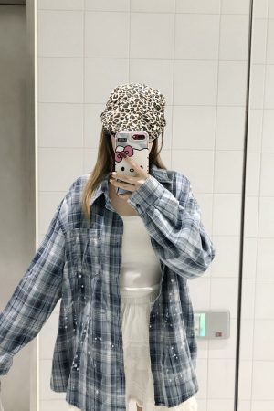 Unisex Long Sleeve Plaid Ink Splash Shirt Jacket - Vintage Loose Fit for Spring & Autumn, Perfect for 90s & Y2K Style