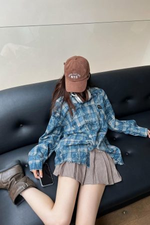 Unisex Long Sleeve Tie-Dye Plaid Shirt Jacket - Retro 90s Galaxy Soda High-End Lazy Style Trend