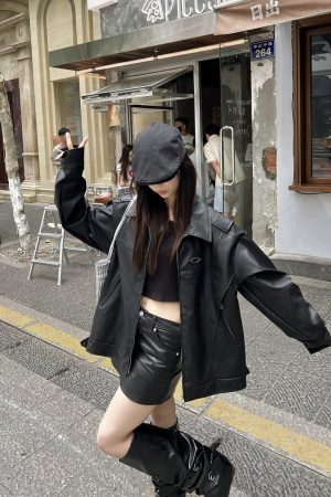 Unisex Oversized Relaxed Fit Black Leather Motorcycle Jacket - Vintage American Style