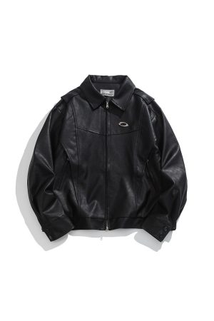 Unisex Oversized Relaxed Fit Black Leather Motorcycle Jacket - Vintage American Style