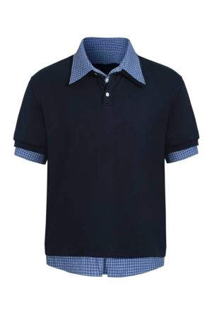 Unisex Plaid Polo Spliced Two-Piece Short Sleeve T-Shirt - Casual Summer Style, American Fashion, Loose Fit