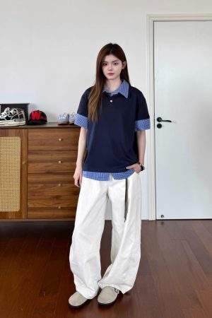 Unisex Plaid Polo Spliced Two-Piece Short Sleeve T-Shirt - Casual Summer Style, American Fashion, Loose Fit