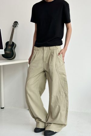 Unisex Retro American Work Pants with Big Pockets and Splicing Design - Casual Curved Knife Style for 90s Inspired Fashion