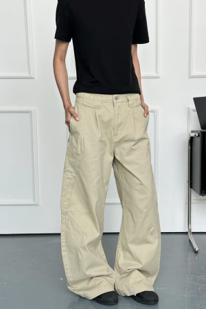 Unisex Retro American Work Pants with Big Pockets and Splicing Design - Casual Curved Knife Style for 90s Inspired Fashion