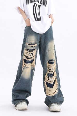 Unisex Retro High Street Ripped Jeans - Loose Straight Hip-Hop Pants for Men and Women, Trendy 90s Style