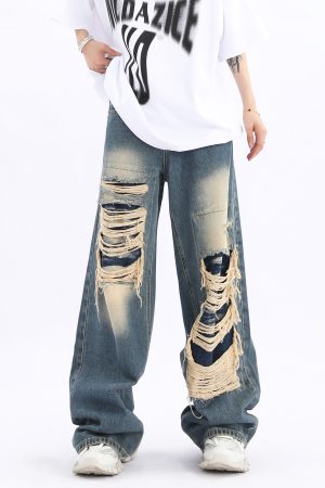 Unisex Retro High Street Ripped Jeans - Loose Straight Hip-Hop Pants for Men and Women, Trendy 90s Style