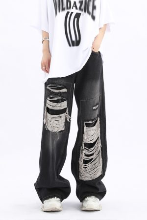 Unisex Retro High Street Ripped Jeans - Loose Straight Hip-Hop Pants for Men and Women, Trendy 90s Style