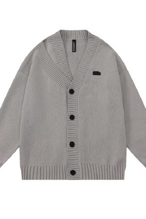 Unisex Retro Minimalist V-Neck Sweater Cardigan - Loose Fit Trendy Knitted Jacket for Early Spring Style