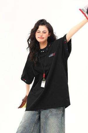 Unisex Retro Rainbow Embroidery Short Sleeve T-Shirt â€“ American National Style, Loose Fit, Summer Essential for Couples