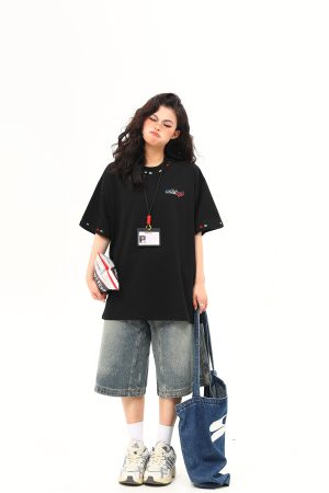 Unisex Retro Rainbow Embroidery Short Sleeve T-Shirt – American National Style, Loose Fit, Summer Essential for Couples