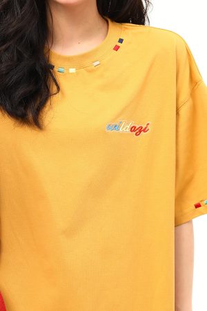 Unisex Retro Rainbow Embroidery Short Sleeve T-Shirt – American National Style, Loose Fit, Summer Essential for Couples