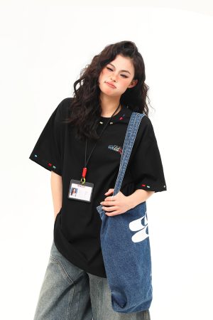 Unisex Retro Rainbow Embroidery Short Sleeve T-Shirt – American National Style, Loose Fit, Summer Essential for Couples