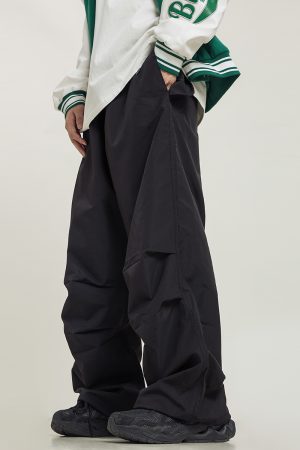 Unisex Retro Straight Black Drawstring Work Pants - Japanese Style High Street Casual Fashion