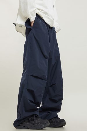 Unisex Retro Straight Black Drawstring Work Pants - Japanese Style High Street Casual Fashion