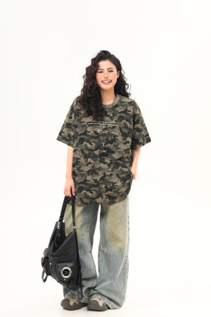 Unisex Retro Washed Camouflage Short-Sleeve T-Shirt - Trendy Loose Fit Summer Top for Couples, Y2K Style