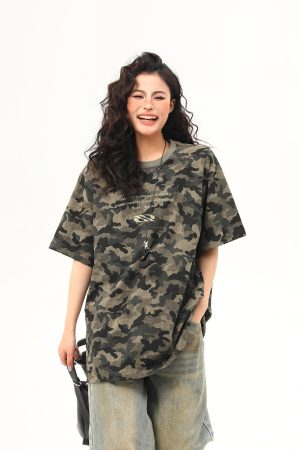 Unisex Retro Washed Camouflage Short-Sleeve T-Shirt - Trendy Loose Fit Summer Top for Couples, Y2K Style