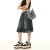 Unisex Retro Washed Ripped Denim Shorts - Loose Wide-Leg Five-Point Pants with Elastic Waist - Vintage American Style 90s Fashion