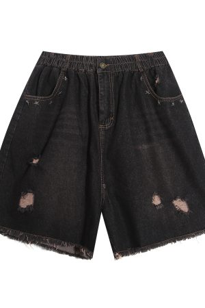 Unisex Retro Washed Ripped Denim Shorts - Loose Wide-Leg Five-Point Pants with Elastic Waist - Vintage American Style 90s Fashion
