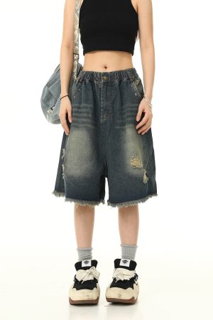 Unisex Retro Washed Ripped Denim Shorts - Loose Wide-Leg Five-Point Pants with Elastic Waist - Vintage American Style 90s Fashion