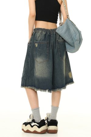 Unisex Retro Washed Ripped Denim Shorts - Loose Wide-Leg Five-Point Pants with Elastic Waist - Vintage American Style 90s Fashion