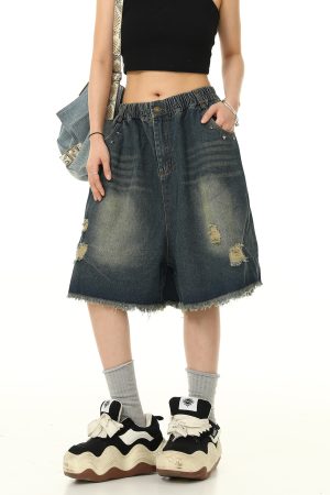 Unisex Retro Washed Ripped Denim Shorts - Loose Wide-Leg Five-Point Pants with Elastic Waist - Vintage American Style 90s Fashion