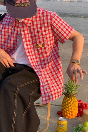 Unisex Slim Fit Dog Embroidery Short Sleeve Shirt - Versatile Vintage Plaid Top for Summer Casual Style