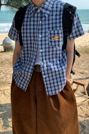 Unisex Slim Fit Dog Embroidery Short Sleeve Shirt - Versatile Vintage Plaid Top for Summer Casual Style