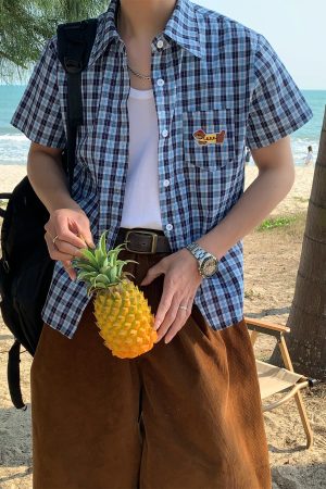 Unisex Slim Fit Dog Embroidery Short Sleeve Shirt - Versatile Vintage Plaid Top for Summer Casual Style