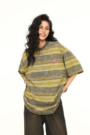 Unisex Tie-Dye Striped Short Sleeve T-Shirt - 2025 Summer American Vintage Style, Trendy 90s Inspired Top