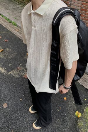 Unisex Vintage American-Style Textured Jacquard Polo Shirt - Summer Loose Casual Short Sleeve for Men & Women