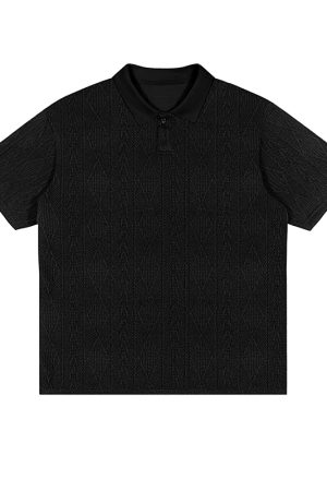 Unisex Vintage American-Style Textured Jacquard Polo Shirt - Summer Loose Casual Short Sleeve for Men & Women