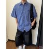 Unisex Vintage Blue Plaid Short Sleeve Shirt - Casual Embroidered Summer Style, Loose Fit, High-End Trend
