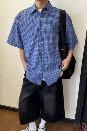 Unisex Vintage Blue Plaid Short Sleeve Shirt - Casual Embroidered Summer Style, Loose Fit, High-End Trend