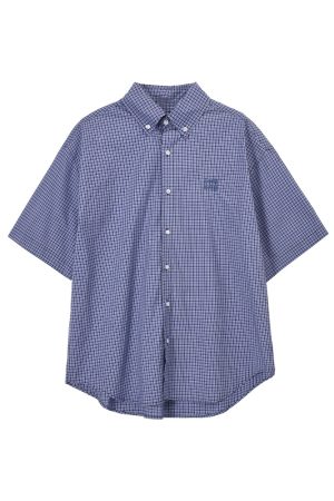 Unisex Vintage Blue Plaid Short Sleeve Shirt - Casual Embroidered Summer Style, Loose Fit, High-End Trend