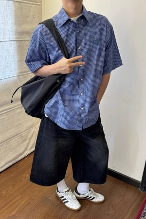 Unisex Vintage Blue Plaid Short Sleeve Shirt - Casual Embroidered Summer Style, Loose Fit, High-End Trend