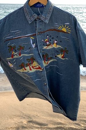 Unisex Vintage Denim Shirt with Embroidered Coconut Tree - Hawaiian Beach Style, Short Sleeve, Handmade Reworked Fashion