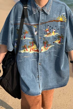 Unisex Vintage Denim Shirt with Embroidered Coconut Tree - Hawaiian Beach Style, Short Sleeve, Handmade Reworked Fashion