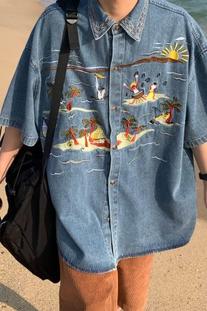 Unisex Vintage Denim Shirt with Embroidered Coconut Tree - Hawaiian Beach Style, Short Sleeve, Handmade Reworked Fashion