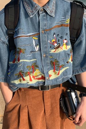 Unisex Vintage Denim Shirt with Embroidered Coconut Tree - Hawaiian Beach Style, Short Sleeve, Handmade Reworked Fashion
