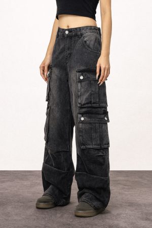 Unisex Vintage Washed Black Straight Leg Jeans - Casual American Style Work Pants for Everyday Wear