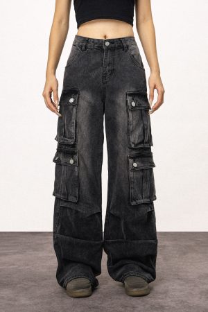 Unisex Vintage Washed Black Straight Leg Jeans - Casual American Style Work Pants for Everyday Wear