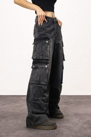 Unisex Vintage Washed Black Straight Leg Jeans - Casual American Style Work Pants for Everyday Wear