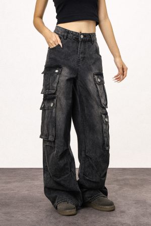 Unisex Vintage Washed Black Straight Leg Jeans - Casual American Style Work Pants for Everyday Wear