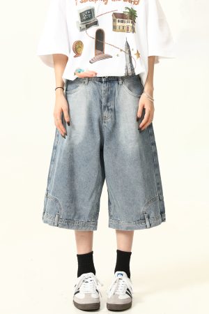Unisex Vintage Wide-Leg Inverted Denim Shorts - Retro American Style Washed Loose Cropped Pants