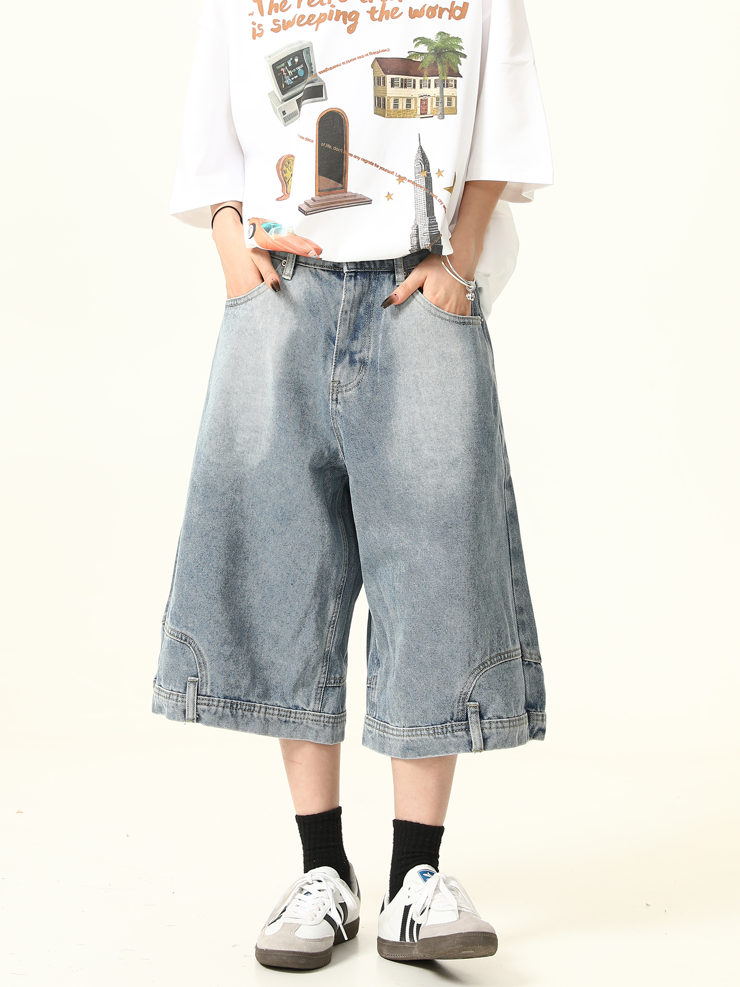 Unisex Vintage Wide-Leg Inverted Denim Shorts - Retro American Style Washed Loose Cropped Pants Unisex Vintage Wide-Leg Inverted Denim Shorts - Retro American Style Washed Loose Cropped Pants