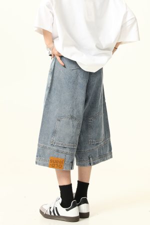 Unisex Vintage Wide-Leg Inverted Denim Shorts - Retro American Style Washed Loose Cropped Pants
