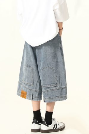 Unisex Vintage Wide-Leg Inverted Denim Shorts - Retro American Style Washed Loose Cropped Pants
